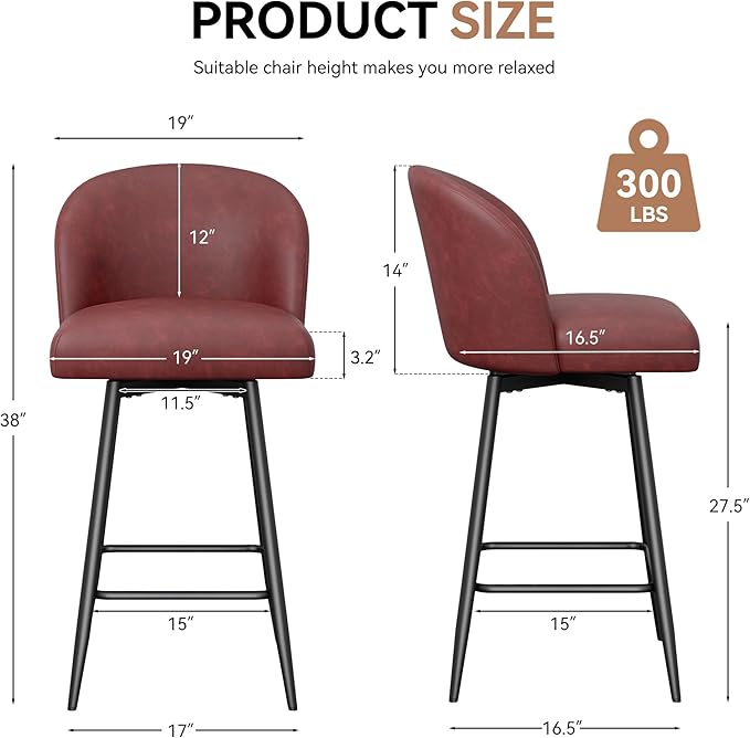 Counter Height Bar Stools Set of 2,360° Swivel Barstools with High Back and Metal Legs,26" Seat Height, Upholstered PU Leather Bar Chairs for Kitchen Island, Dining Room,Cafes,Red