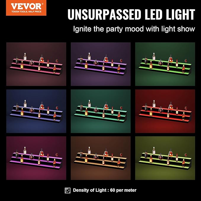 VEVOR LED Lighted Liquor Bottle Display Shelf, 3 Tiers 60 Inches, Supports USB, Illuminated Home Bar Shelf with RF Remote & App Control 7 Static Colors 1-4 H Timing, Acrylic Light Shelf