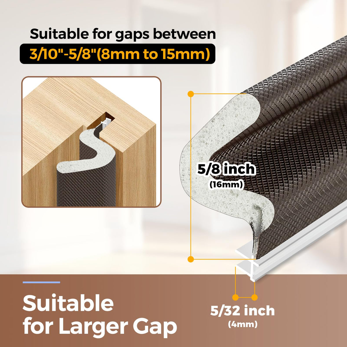60FT Weather Stripping Door Seal, Kerf Style Foam Strip for Large Gaps, with Scraper Tool for Exterior and Interior Frames, Brown