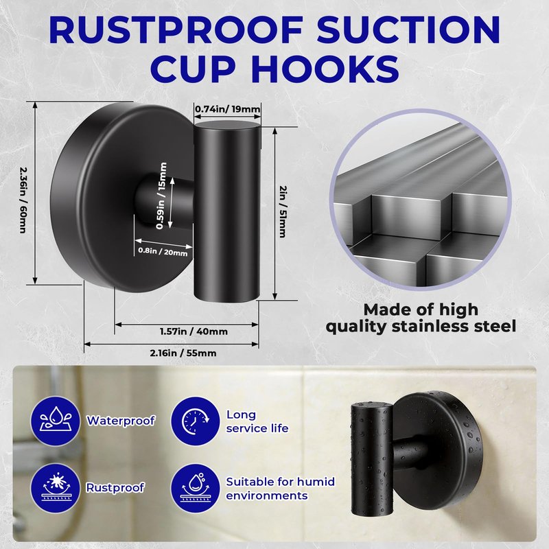 Suction Cup Hooks for Shower Heavy Duty, Shower Hooks No Drill, Shower Hooks for Inside Shower Stainless Steel, Suction Hooks for Window, Glass, Tile, Wall, Loofah, Bath Robe, Wreath, Black 2 Pack