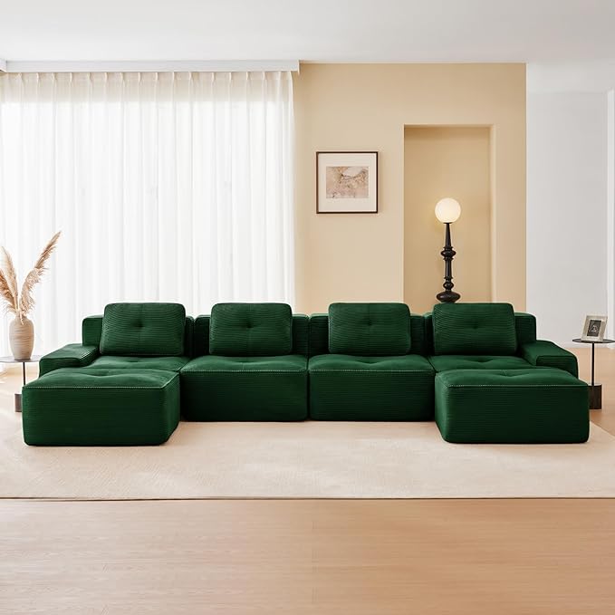 150" Modern Compressed Boneless Couch with Ottoman, 4 Seater Large U Shaped Sectional Couches for Living Room, Green Corduroy Cloud Modular Sectional Sofa, Memory Foam, Extra Deep, No Assembly
