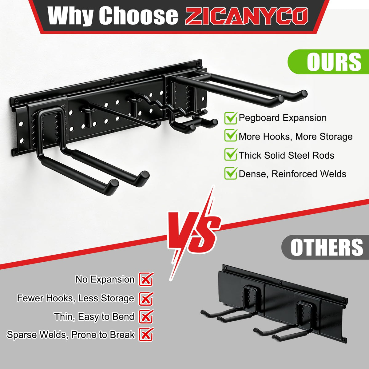 ZICANYCO Garage Tool Organizer Wall Mount 49.5 inches with 10 Adjustable Heavy-Duty Hooks, Garage Organization, Garden Tool Storage Rack, Yard, and Shed, Holds Up to 400 lbs