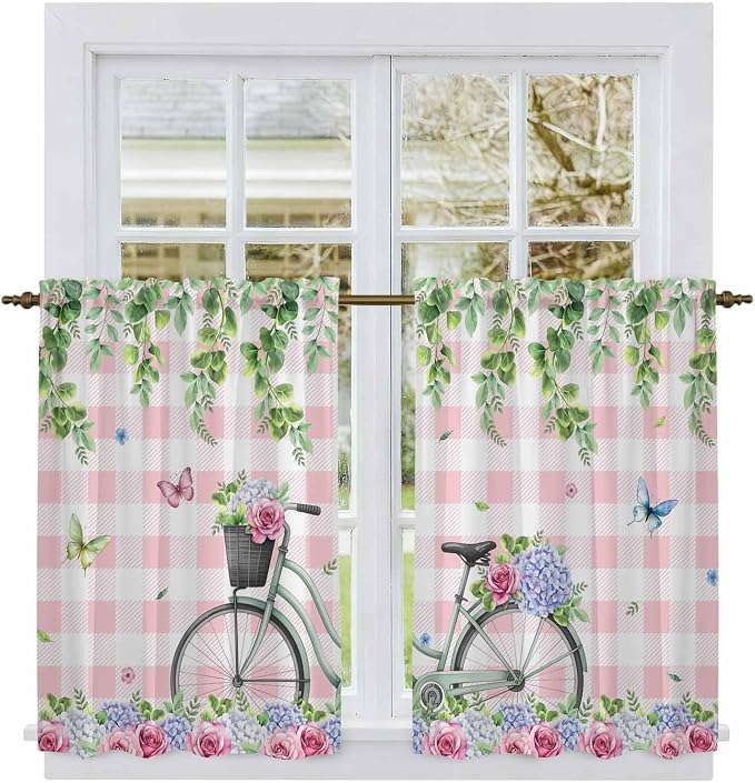 Spring Tier Curtains, Bicycles Leaves Butterfly Flowers Pink Buffalo Plaid