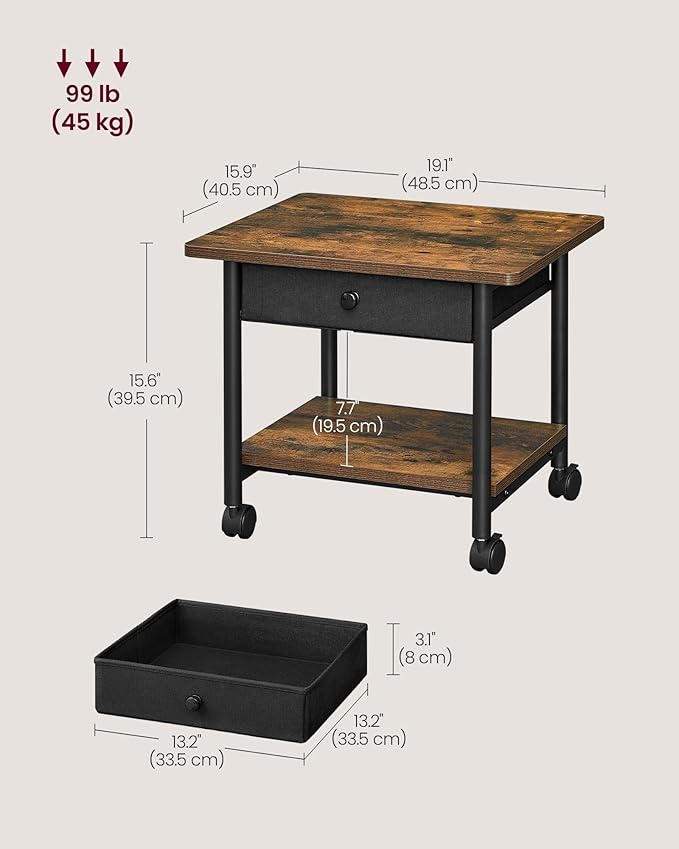 VASAGLE Heavy-Duty Printer Stand with Locking Wheels, 2-Tier with Drawer Industrial Mobile Cart with Storage Shelf, Printer Table for Home, Office, 15.6" Height, Rustic Brown and Black UOPS004B01