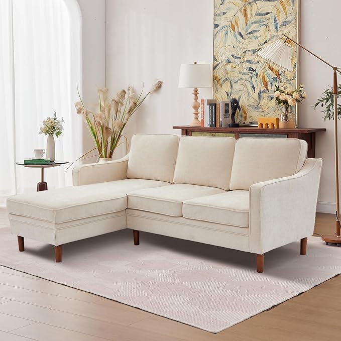 Kingfun 88" L-Shape Sofa, Chenille Sectional Couch, Mid Century Modern Couches with Solid Wood Frame for Living Room & Bedroom, Beige
