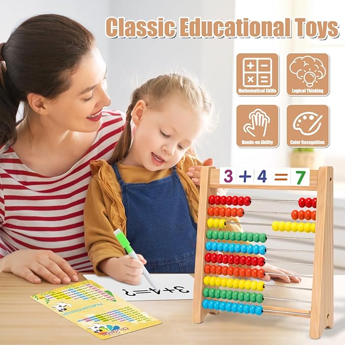 Wooden Abacus for Kids Math - 10-Row Counting Toy with 100 Beads, Number Cards & Counting Sticks, Educational Counters for Kids Math Gift for Age 3 4 5 6 7 Year Old Boy Girl