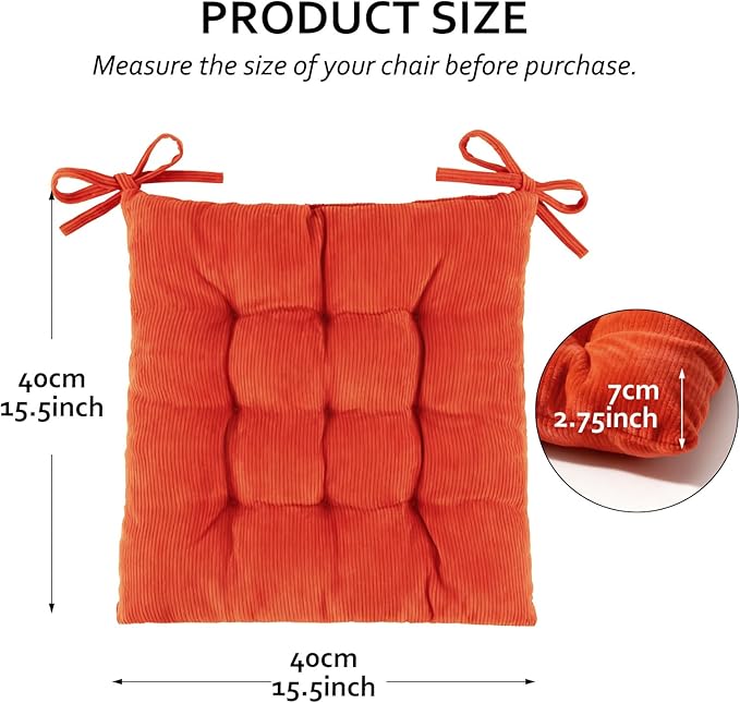 Square Seat Cushion for Kitchen Dining Chairs, Soft & Comfortable 15.5" x 15.5" Chair Pads, 6 Packs, Orange