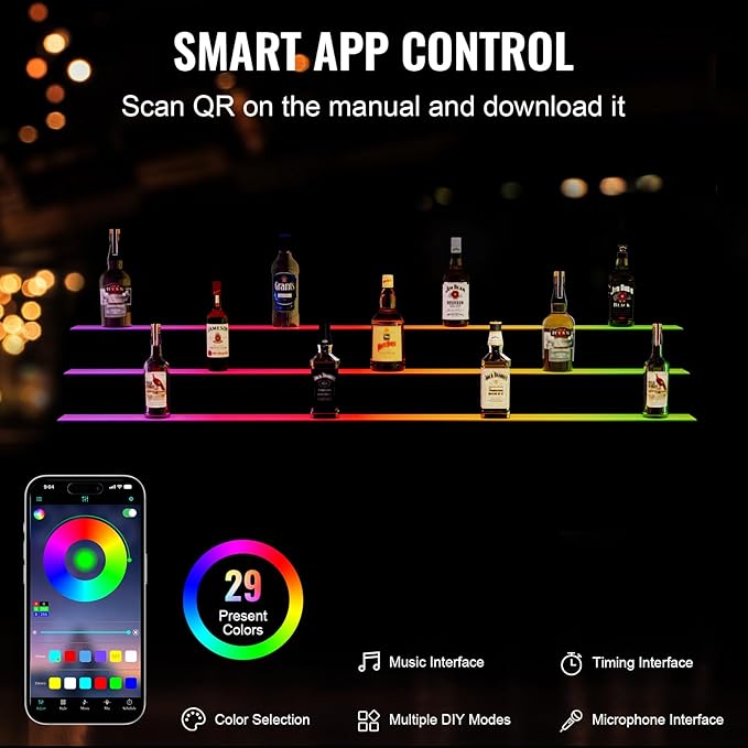 VEVOR LED Lighted Liquor Bottle Display Shelf, 3 Tiers 60 Inches, Supports USB, Illuminated Home Bar Shelf with RF Remote & App Control 7 Static Colors 1-4 H Timing, Acrylic Light Shelf