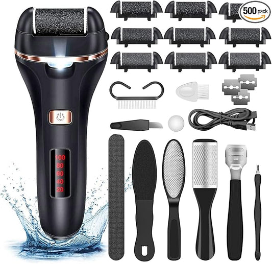 Electric Callus Remover for Feet,Rechargeable Foot File Hard Skin Remover,Waterproof 14 in1 Professional Pedicure Kit for Cracked Heels &Dead Skin,with 9 Roller Heads 2 Speed, Battery Display