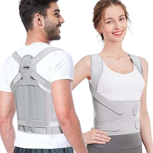 Fit Geno Back Brace Posture Corrector for Men & Women: Shoulder Straightener Adjustable Full Back Support Pain Relief - Scoliosis Hunchback Spine Corrector (Small), Gray