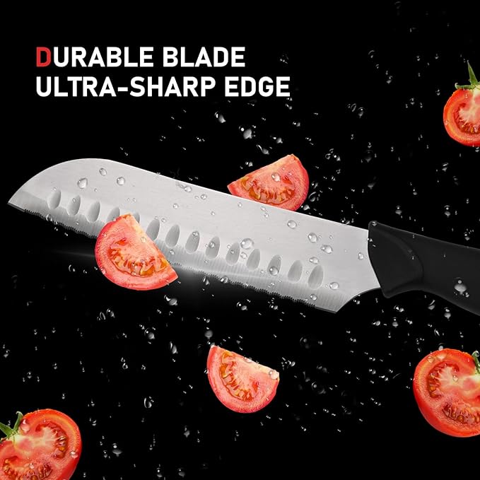 KOOMADE Knife Set With Block, Cutlery Essentials 23 PCS Kitchen Stainless Steel Knife Block Sets With Cutting Board, Shears, Paring, Utility, Santoku, Steak Knives, Dishwasher Safe Cutlery Block Set