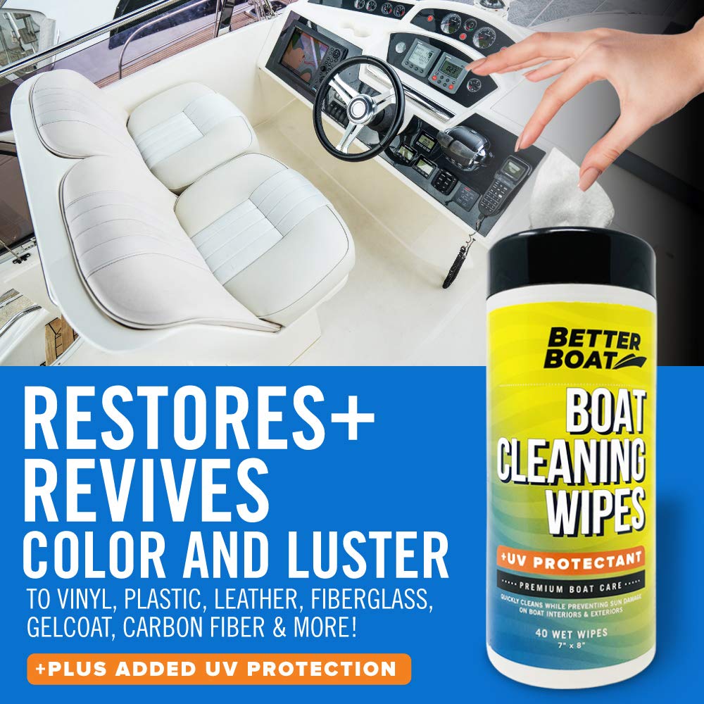 Boat Cleaning Wipes with UV Protectant 40ct, Marine Vinyl Cleaner and Protector for Boat Seats Console and Dash, Non Greasy Matte Finish - Better Boat