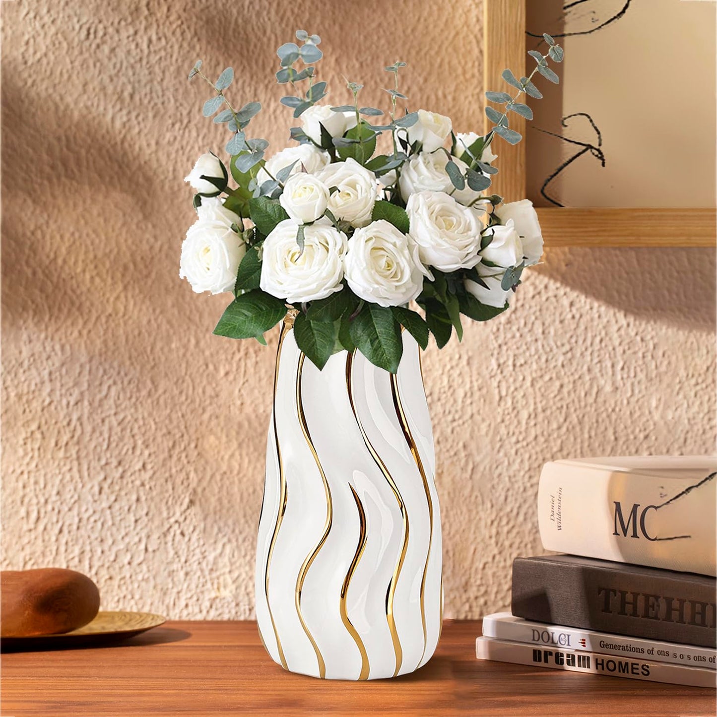 OTARTU Ceramic Vase, White Vase for Home Decor,Decorative Flower Vase, Vertical Stripe Ceramic Vases for Home Décor, Bedroom, Office, Living Room, Bathroom, Tabletop Decor, Centerpiece (White)