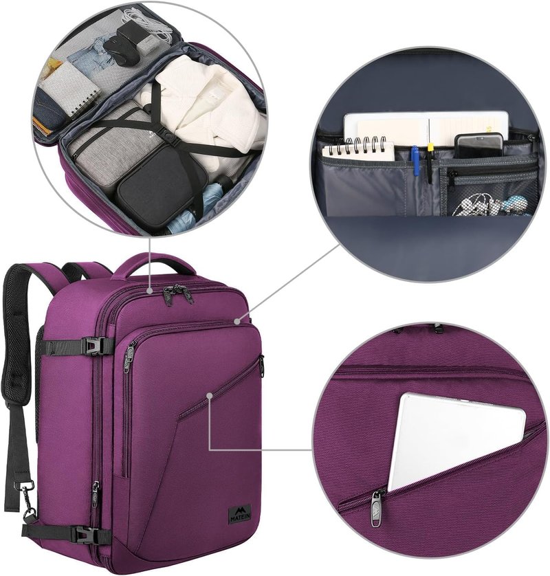 MATEIN Carry on Backpack for Women, 27L Flight Approved Backpack for Teacher Nurse, Fashion Expandable Airline Daypack for Plane, Lightweight Hiking Weekend Back Pack, Traveler Gifts, Purple
