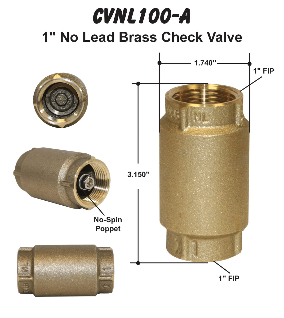 Merrill MFG CVNL100 1" No-Lead Brass Check Valve 700 Series, 1"