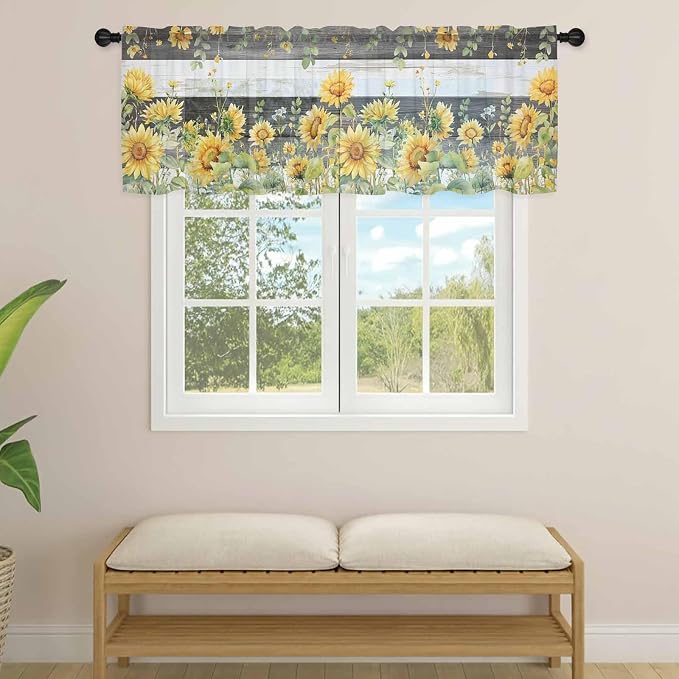 Summer Floral Sheer Valance Curtains, Watercolor Sunflower Eucalyptus Leaves