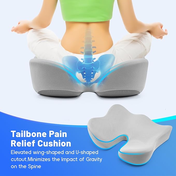 Seat Cushion for Tailbone & Sciatica Pain Relief - Plush Yet Supportive Ergonomic Memory Foam Chair Cushions for Office Chair, Car, Wheelchair,Airplane & Long Sitting(Light Gray)