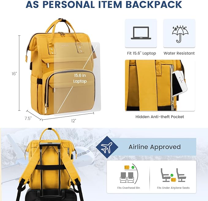 LOVEVOOK College Laptop Backpack, 15.6 Inch Travel Backpack for College, Waterproof Work Backpack Woman for Teacher Nurse Anti-theft Travel Back Pack, Gifts for Women, Yellow