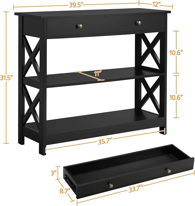 Yaheetech Console Table with Drawer, 39.5 Inch Narrow Sofa Table with Storage Shelves, 3-Tier Wood Entryway Table for Hallway/Living Room/Foyer, Black