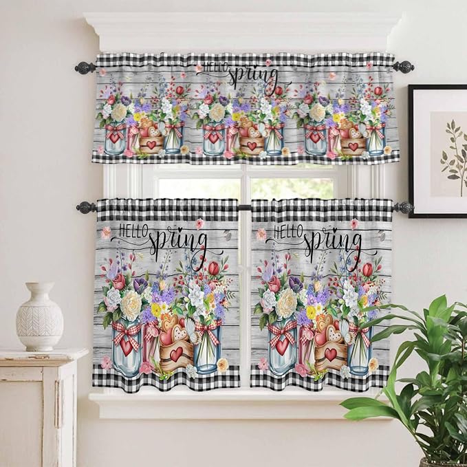 Kitchen Curtains Tiers and Valance Set of 3, Spring Flowers Light Filtering