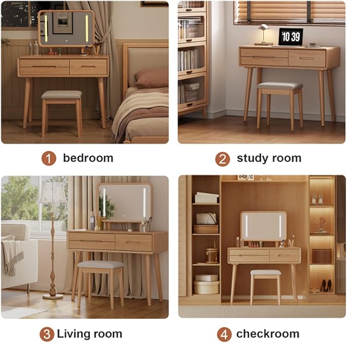 Soild Wood Vanity Table 40 IN with Light Mirror High Adjustable, Make Up Desk Large Dressing Table 3 Lighting Modes, Makeup Vanity 3 Drawer Dresser Vanity Table Wooden for Checkroom Apartment Bedroom