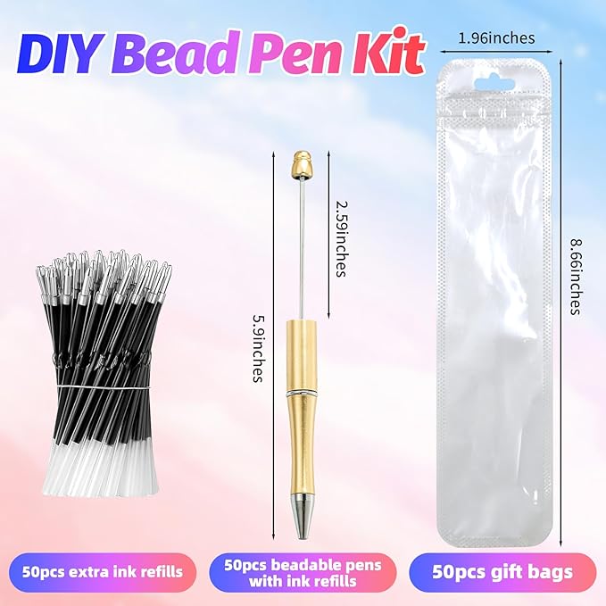 150 Pieces DIY Beadable Pen Kit – 50 Plastic Ballpoint Pens with Refills & Bags – School Supplies, Office Accessories & Decorative Items for Students & Teachers (Gold)