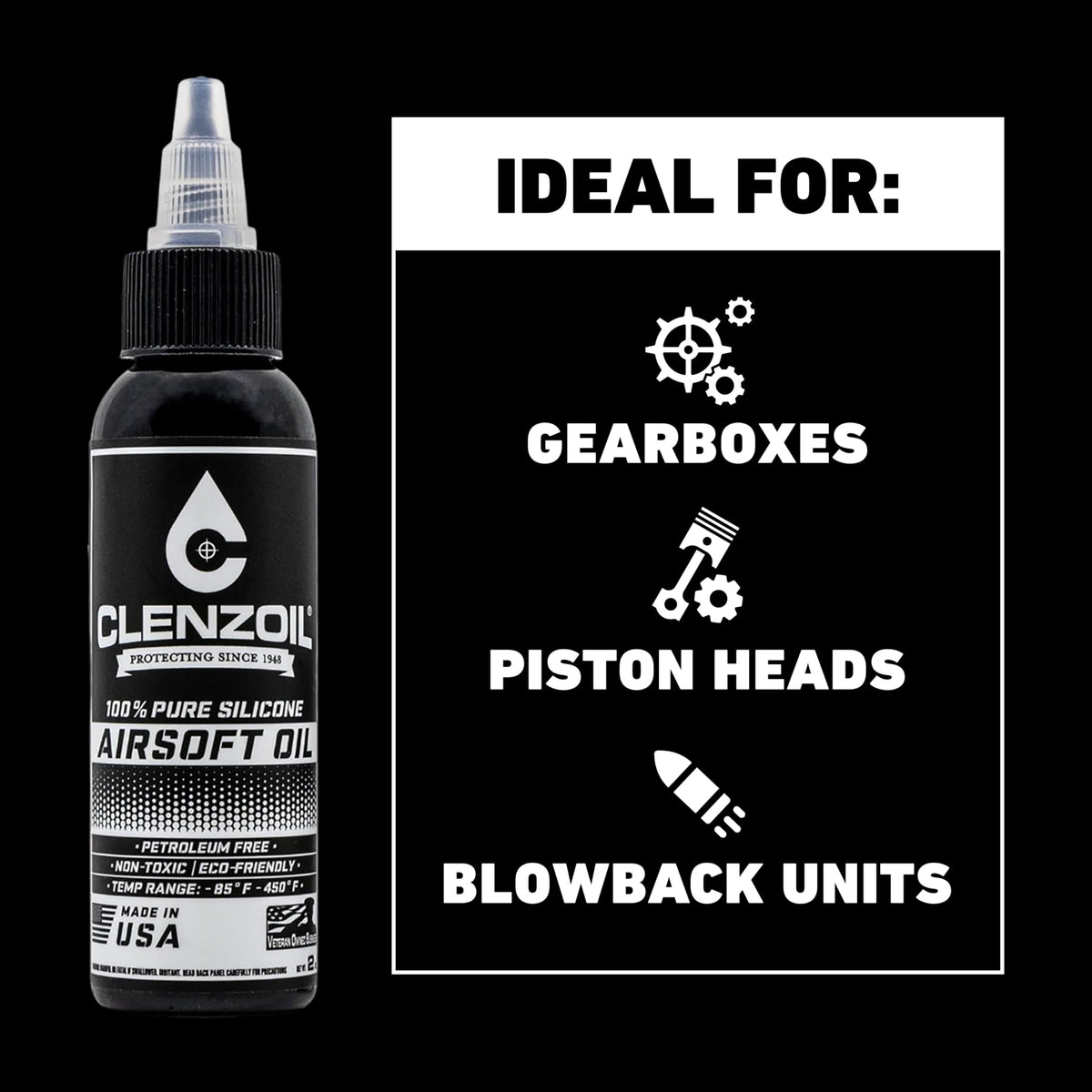 Clenzoil Airsoft & Air Gun Oil - 2 oz Combo Airsoft Oil - for Air Rifles & Airsoft Pistols - Pure Silicone Oil for Gun Lubrication - Made in The USA - 2 oz Bottle & 0.5 oz Needle Oiler Combo Pack