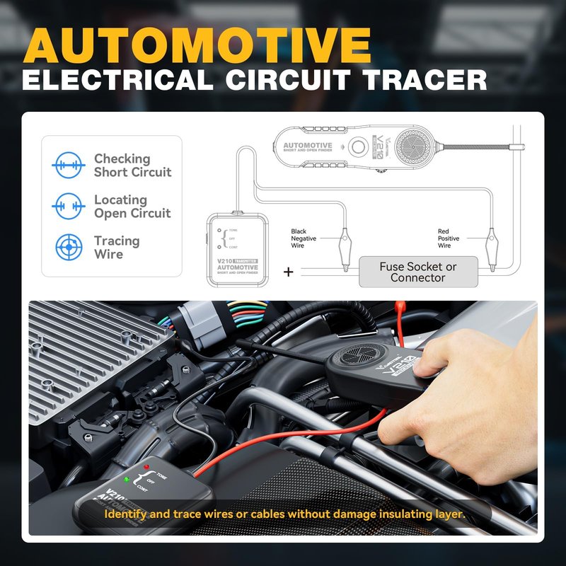 VDIAGTOOL V210 Wire Tracer Electrical Tester Automotive Open & Short Finder Circuit Tester, Circuit Breaker Finder, Broken Wire Detector Tool DC 6-42V with 7" Flexible Probe