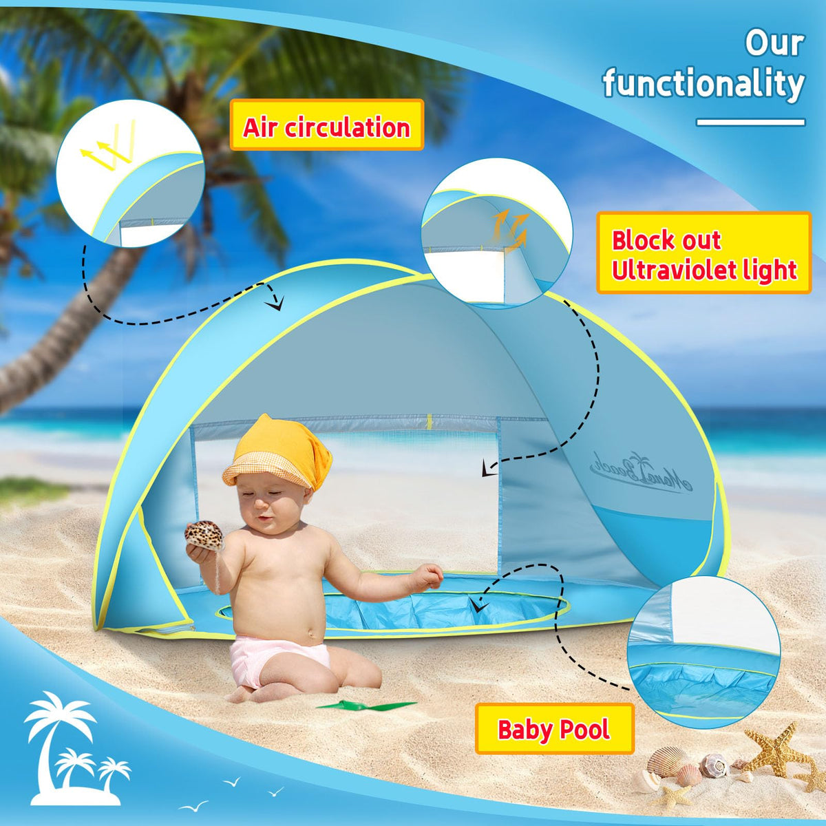Monobeach Baby Beach Tent with Sun Hat Pop Up Portable Shade Pool UPF50+ UV Protection Sun Shelter for Infant with Easy Set Up Canopy (Blue)