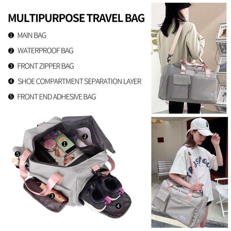 Travel Duffel Tote Bag with Dry Wet Separation Pocket, Weekender Bag for Women and Men，Waterproof Bag with Shoe Compartment Lightweight and Easy Carry on Grey