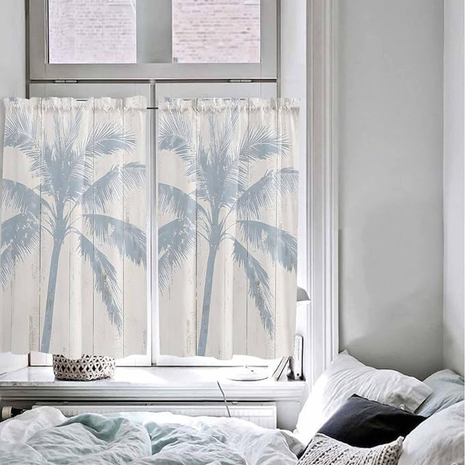 Summer Coconut Tree on Vintage Wood Grain Window Valance Curtains, Seaside