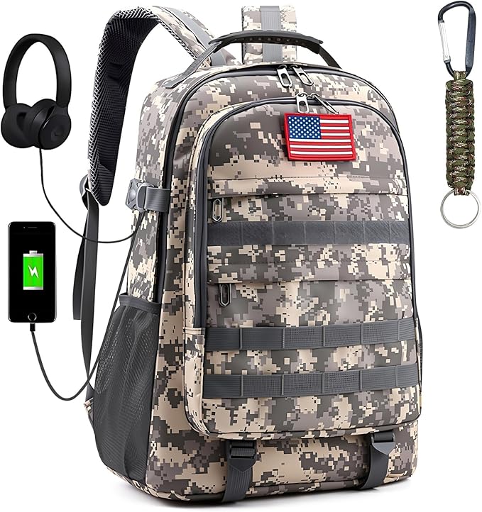 School Backpack for Boys - Camouflage Boys Backpack for Kids Teens Elementary Middle School - Camo Students Bookbag,18″ Bookbag with Usb Charging Port & Key-chain