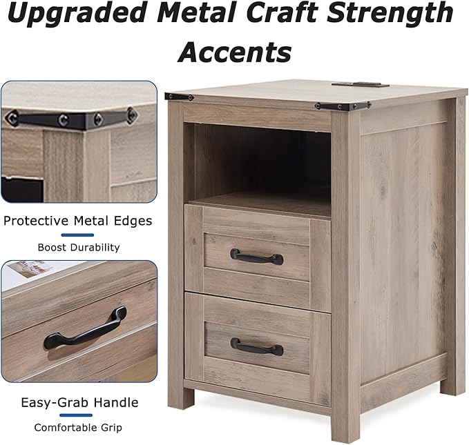 Farmhouse Night Stand, Rustic Sierra Nightstand for Bedroom, End Tables with Charging Station, Bedside Table with Drawers, Wood Bedside Cabinet Dresser