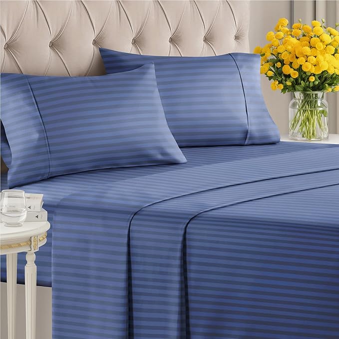 Striped Sheets - Blue Striped Sheets - 1 Flat & 1 Fitted & 2 Pillowcases w/ Deep Pockets – Comfy, Wrinkle & Fade Free - Ultra-Soft, Breathable & Cooling – Luxury Pinstripe Bedding - King Size Bed Set