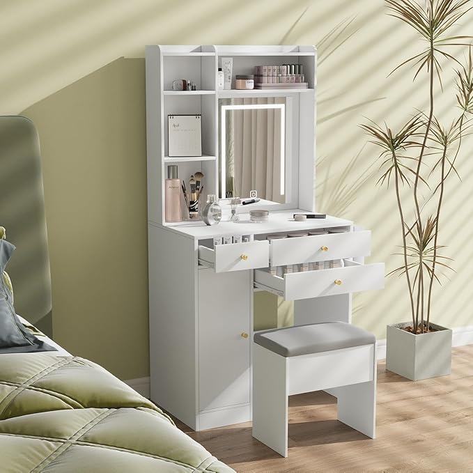 ARTETHYS Vanity Desk with Mirror and Lights White Makeup Vanities Set with Storage Chair Dressing Table with Drawer and Fold-up Panel for Bedroom