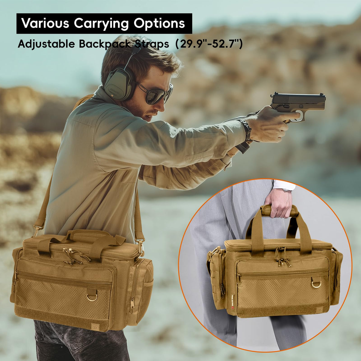 DULCE DOM Tactical Gun Range Bag for Handguns & Pistols - Lockable Compartment, Ammo Storage, Magazine Slots, Durable Range Essentials Bag (KHAKI)