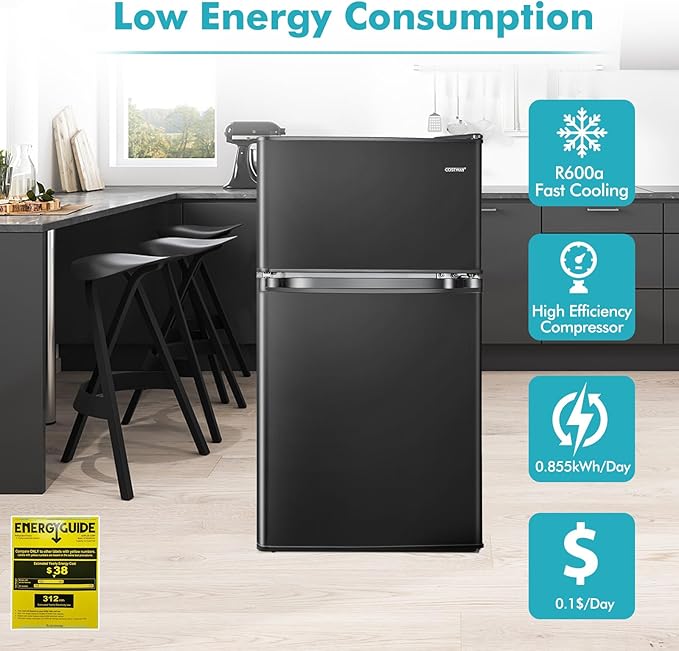 COSTWAY Compact Refrigerator, 3.2 Cu.Ft. Fridge Freezer Compartment with Reversible 2 Door, Adjustable Thermostat, Removable Glass Shelves, Mini Refrigerator for Bedroom Dorm Apartment, Black