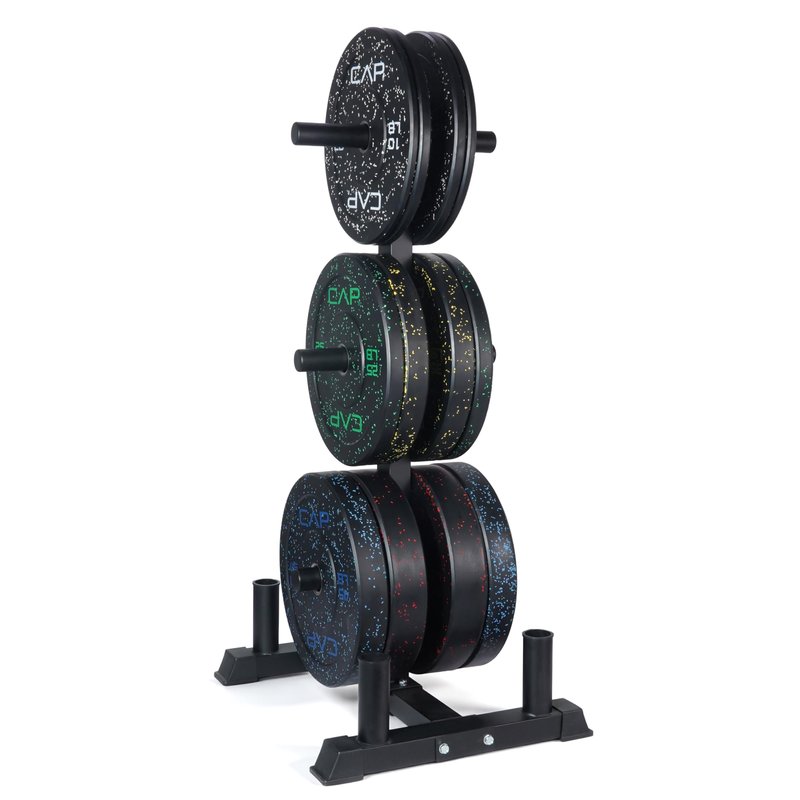 CAP 370 lb Economy Speckled Olympic Bumper Plate Set with Storage Rack, 2-Inch Olympic Plates, Medium Bounce Rubber Weight Plates with Steel Hub, 6 Weight Posts & 4 Barbell Holders for Weightlifting, Strength Training & Home Gym Workouts