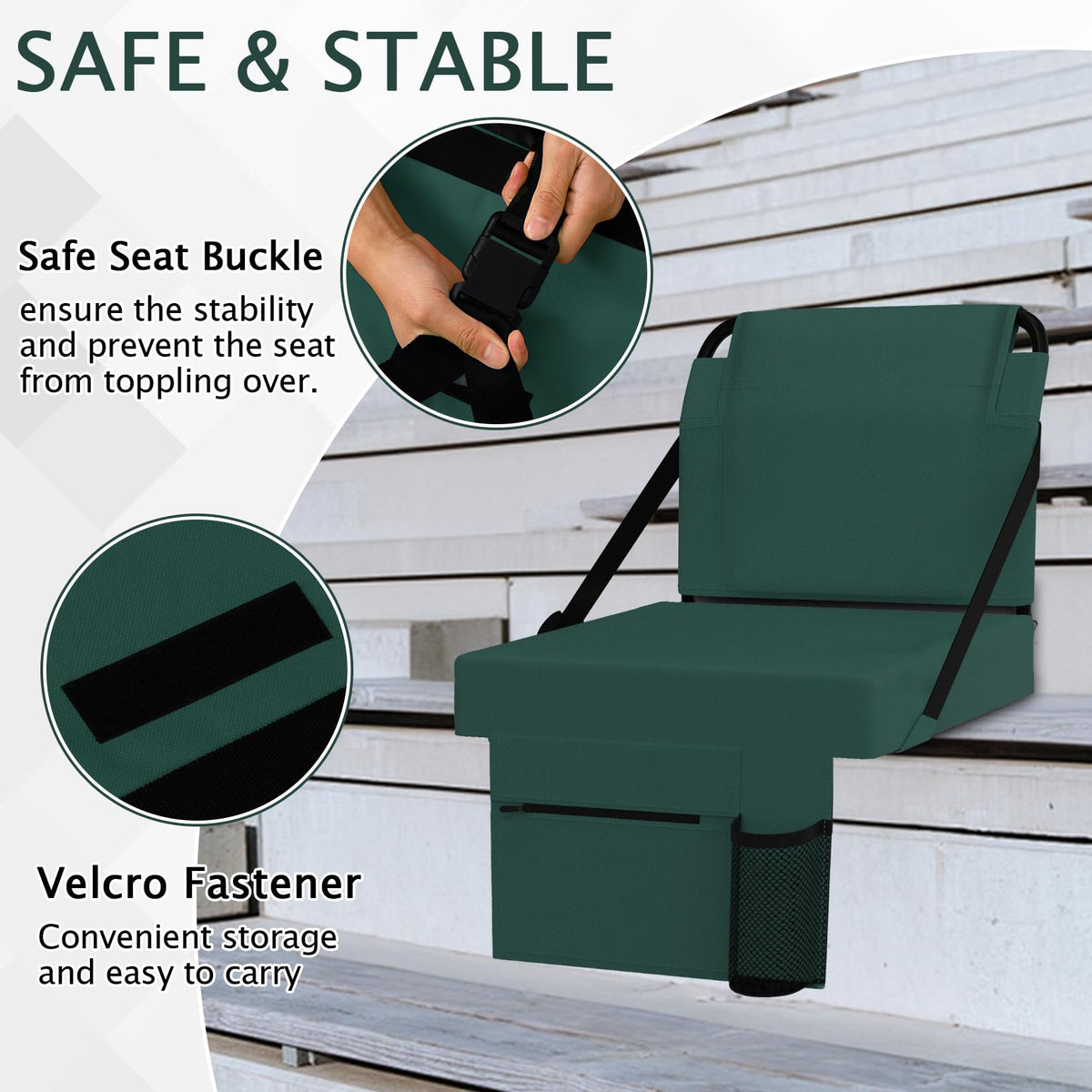 ACIPENSER 2pcs Stadium Seat for Bleachers with Back Support，Portable Bleacher Chairs with Back and Cushion，Includes Shoulder Strap and Cup Holder，Green