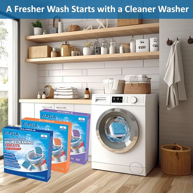 Ocean Breeze Washer Cleaner Tablets 12 Count – Septic Safe Washing Machine Cleaner & Odor Eliminator – Deep Cleaning Descaler for HE Front & Top Load Washers – Laundry Tub & Drum Cleaner