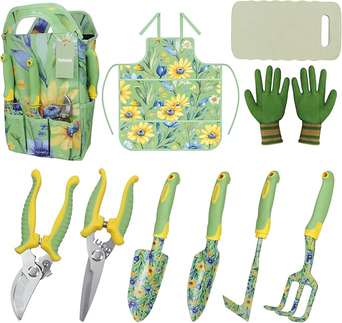 10 Piece Garden Tools Set, Gardening Hand Tools Kit with Heavy Duty Rust-Proof Aluminum Tools, Organizer Tote Bag, Apron, Gloves & Kneeling Pad, Ideal Gardening Gifts for Women, Mom, Grandma & Wife
