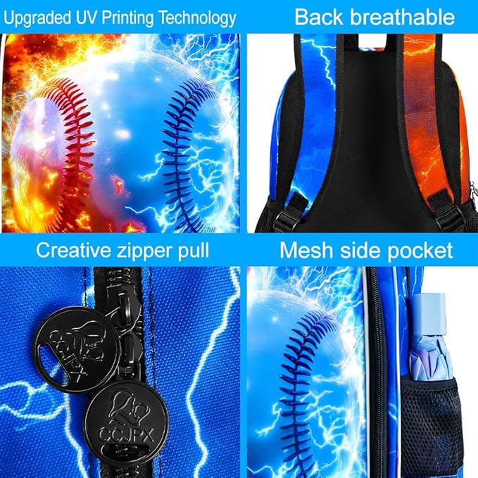 gxtvo 3PCS Boys Baseball Backpack, 17" Kids Bookbag with Lunch Box, Water Resistant Middle Elementary School Bag - Fire & Lightning Baseball
