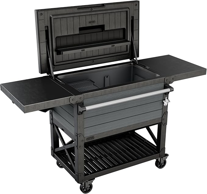 Keter Outdoor Rolling Patio Cooler and Insulated Beverage Cart 89.8 Quart Capacity with Fold Down Shelf for Glassware with Built in Bottle Opener