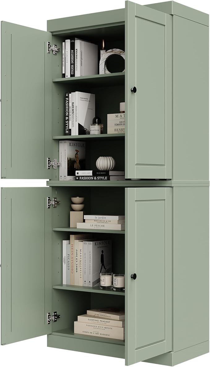 Palace Imports Solid Wood Bookcase - 6-Tier Bookshelf, 71.5” H - Sage, Wooden Cabinet Doors & Adjustable Shelves, Tall Bookcase for Living Room, 100% Renewable Eco-Friendly Wood, Made in Brazil