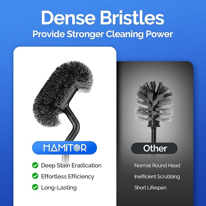 HAMITOR Toilet Brush and Holder Set：Stainless Steel Deep Clean Bathroom