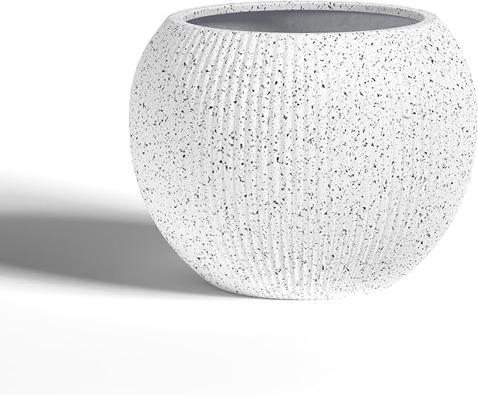 DTY Signature Mount Sherman Modern Indoor Outdoor Fiberstone Sphere Planter, Durable Round Garden Pot, Weather Resistant, Drainage Hole & Rubber Plug,Planter for Christmas Tree (Ribbed White, Large)