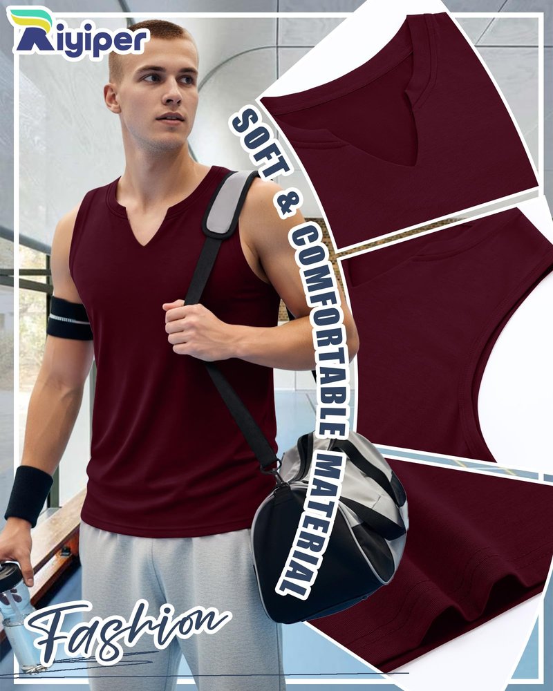 Riyiper 3 Pack Men's Sleeveless Tank Tops, V Neck Longline Henley T Shirts Casual Basic Muscle Shirts Stretch Athletic Tee(Black, Navy Blue, Wine Red,Large)