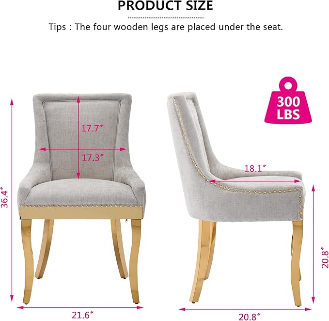 Luxury Fabirc Upholstered Dining Chairs Set of 2,Neutral Chenille Kitchen Room Chair with Nailhead Trim,Modern Padded Side Chairs for Dining Room,Living Room,Bar (Beige-Gold, Set of 2)