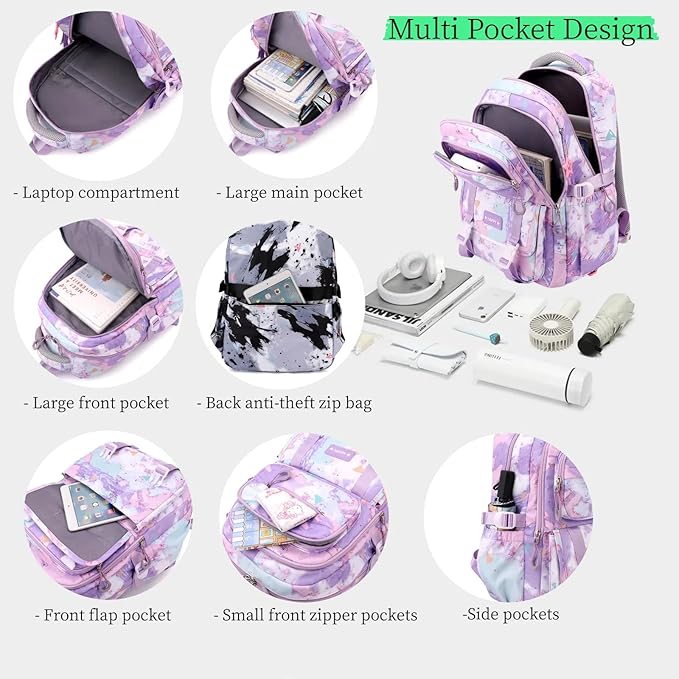 Backpack for Girls Kids Backpacks with Lunch Box Elementary Middle High School Backpacks Students Bookbag Set School Bags for Teens Girls (Sky Blue)