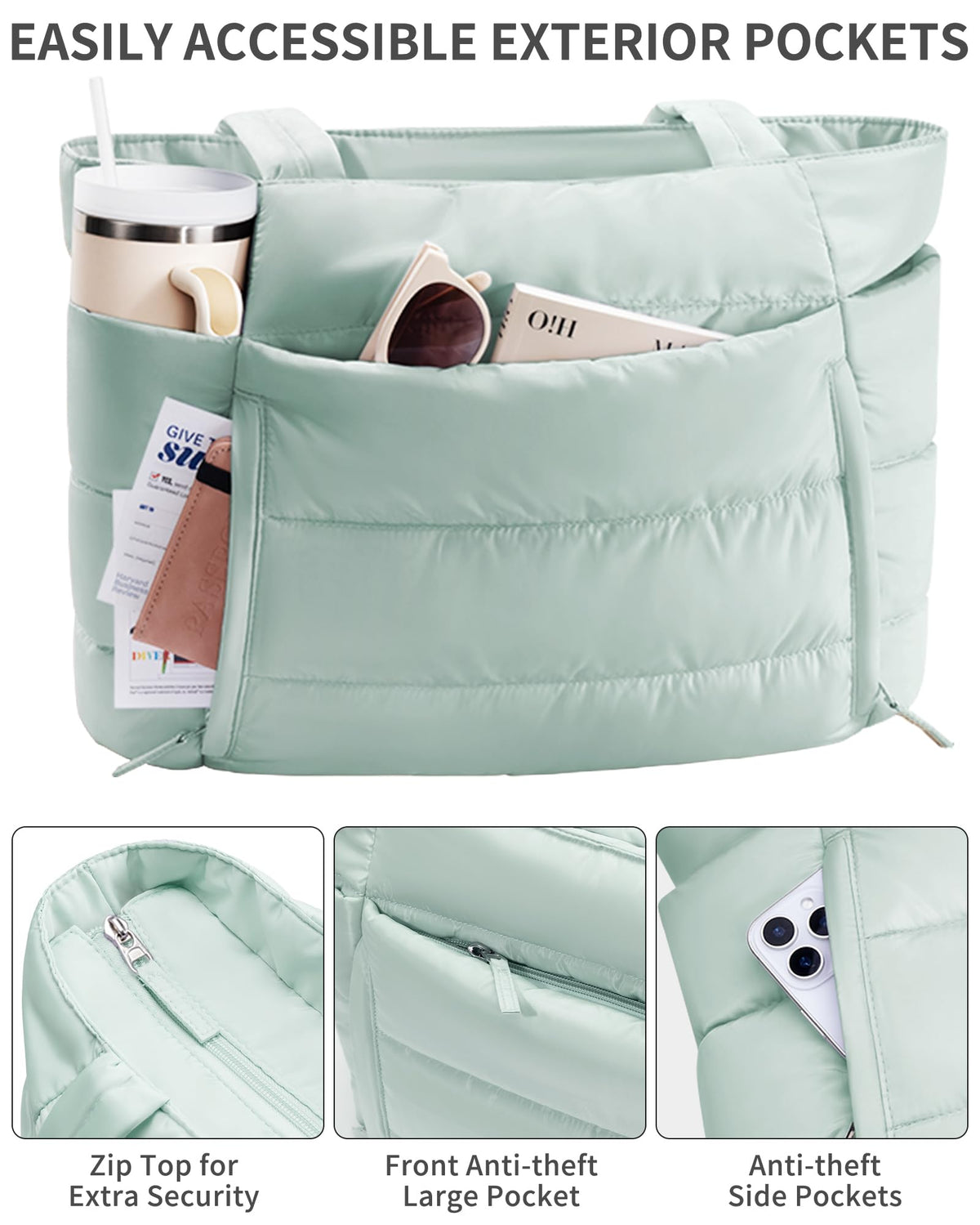 Bagstellar Puffer Tote Bag for Women, Lightweight Puffy Work Handbag Teacher Nurse Quilted Shoulder Bag for School Travel Gym